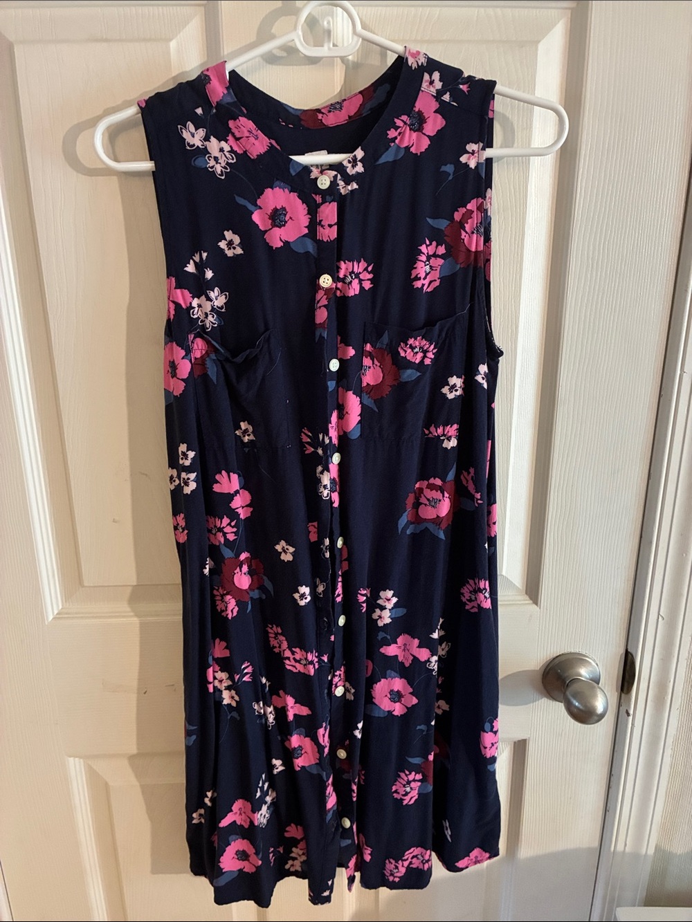 GAP Navy Blue Sleeveless Button-Front Dress with Pink Floral Print